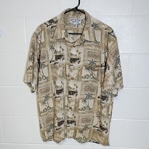 Island Beach Print Natural Colors Button Down Shirt Cocoanut Wood Buttons